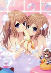 Rule 34 | &gt;:&lt;, 10s, 2011, 3girls, :&lt;, absurdres, banana, banana peel, bare shoulders, bath, bath stool, bathing, bathtub, blanc (neptunia), blonde hair, blue eyes, blush, blush stickers, bottle, brooch, brown hair, bubble, bubble bath, character doll, chibi, choujigen game neptune mk2, closed mouth, collarbone, convenient censoring, dated, dogoo, foam, food, frilled hat, frills, from side, fruit, fur trim, hat, highres, holding, holding food, holding fruit, jewelry, jitome, light smile, long hair, long sleeves, looking at viewer, mouth hold, multiple girls, neck ribbon, neptune (series), nude, official art, parted bangs, partially submerged, raised eyebrows, ram (neptunia), ribbon, riding, rom (neptunia), rubber duck, same-sex bathing, scan, sexually suggestive, shared bathing, shared food, short hair, siblings, sisters, sleeve cuffs, sleeves past wrists, smile, soap bubbles, soap censor, stool, tile wall, tiles, toy, triangle mouth, tsunako, twins, upper body, v-shaped eyebrows, water, wet