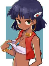 Rule 34 | 1girl, aqua eyes, bandeau, bare shoulders, breasts, cleavage, closed mouth, collarbone, dark-skinned female, dark skin, earrings, frown, fushigi no umi no nadia, hair ornament, hand up, hoop earrings, jewelry, konarofu, nadia la arwall, neck ring, necklace, open clothes, open vest, pulling own clothes, purple hair, red vest, short hair, small breasts, solo, strapless, tube top, upper body, vest, white bandeau