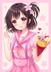Rule 34 | 1girl, :3, blouse, blush, bob cut, closed mouth, commentary request, crepe, flower, food, food on face, fruit, hair flower, hair ornament, heat, high-waist skirt, holding, holding spoon, licking lips, looking at viewer, neckerchief, one side up, original, pink background, pink eyes, pink flower, pink neckerchief, pink sailor collar, pink serafuku, pink shirt, pink skirt, polka dot, puffy short sleeves, puffy sleeves, rabbit, sailor collar, sakura hiyori, school uniform, serafuku, shirt, short hair, short sleeves, skirt, solo, spoon, strawberry, suspender skirt, suspenders, tongue, tongue out, upper body