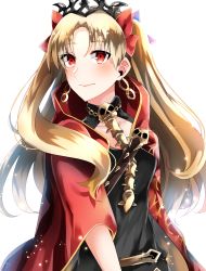 Rule 34 | 1girl, absurdres, black shirt, blonde hair, bow, cape, diadem, earrings, ereshkigal (fate), fate/grand order, fate (series), floating hair, hair between eyes, hair bow, highres, hood, hood down, hooded, jewelry, long hair, mady (madine08260), red bow, red cape, red eyes, shirt, simple background, smile, solo, twintails, two side up, upper body, white background