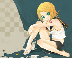 Rule 34 | bad id, bad pixiv id, barefoot, feathers, feet, hair ornament, hairclip, high heels, highres, kagamine rin, nail polish, nemutagari, no shoes, open shoes, shoes, single shoe, solo, vocaloid