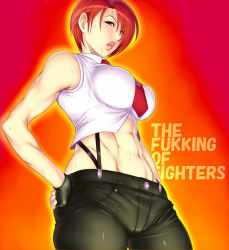 Rule 34 | 1girl, abs, bare shoulders, belly, breasts, crop top, english text, engrish text, hair over one eye, hands on own hips, large breasts, lips, midriff, mature female, muscular, navel, necktie, pants, profanity, pun, ranguage, red eyes, red hair, sawao, short hair, snk, solo, stomach, suspenders, sweat, the king of fighters, vanessa (kof)