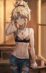 Rule 34 | 1girl, bad id, bad twitter id, bare shoulders, bead bracelet, beads, black bra, black panties, blue pants, bra, bracelet, braid, breasts, closed mouth, collarbone, denim, fate/apocrypha, fate (series), french braid, green eyes, hair ornament, hair scrunchie, highres, jeans, jewelry, long hair, looking at viewer, mordred (fate), mordred (fate/apocrypha), navel, necklace, open fly, panties, pants, parted bangs, pendant, ponytail, red scrunchie, revision, scrunchie, sidelocks, small breasts, solo, tonee, torn clothes, torn pants, underwear