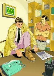 Rule 34 | 2boys, absurdres, bookshelf, boots, brown hair, columbo, lieutenant columbo, crossed arms, formal, highres, multiple boys, necktie, photo (object), polo shirt, raincoat, shoes, suit, tying shoes