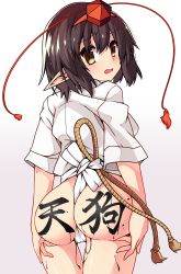Rule 34 | 1girl, absurdres, ass, black hair, blush, body writing, fundoshi, hat, highres, japanese clothes, kotomuke fuurin, looking at viewer, looking back, open mouth, pointy ears, red eyes, shameimaru aya, short hair, simple background, solo, tokin hat, touhou, translation request