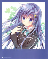Rule 34 | 1girl, absurdres, ange vierge, blazer, blue eyes, blue hair, bow, bowtie, copyright name, hair ornament, hairclip, highres, jacket, long hair, long sleeves, looking at viewer, official art, ryouka (suzuya), scan, school uniform, simple background, smile, solo, sougetsu saya, upper body
