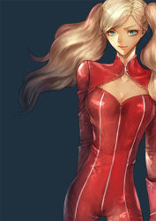 Rule 34 | 10s, 1girl, arm behind back, blonde hair, blue background, blue eyes, cleavage cutout, clothing cutout, etroveria, persona, persona 5, simple background, solo, swept bangs, takamaki anne, twintails