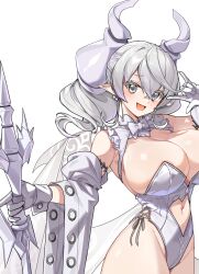 Rule 34 | 1girl, breasts, cleavage, demon girl, demon horns, demon wings, dress, duel monster, ebi bento, gloves, grey eyes, highres, holding, horns, large breasts, leotard, looking at viewer, lovely labrynth of the silver castle, low wings, multiple wings, pointy ears, smile, solo, transparent wings, twintails, white background, white hair, white horns, wings, yu-gi-oh!