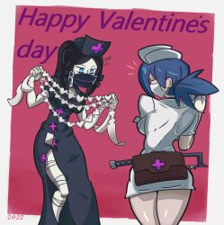 bandages bonesaw clothing_cutout gloves hallow_(skullgirls) happy_valentine hat heart_cutout latex latex_gloves mouth_mask nurse nurse_cap saw skullgirls surgical_mask thabackbone1 valentine_(skullgirls)