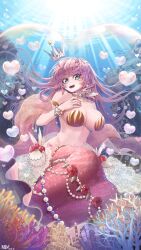Rule 34 | 1girl, :d, absurdres, bare shoulders, blurry, bracelet, breasts, cleavage, collarbone, commentary request, commission, coral reef, crown, depth of field, fish, green eyes, heart, heart-shaped pupils, heart bubbles, highres, jewelry, kokukyukeo, korean text, long hair, looking at viewer, medium breasts, mermaid, mini crown, monster girl, navel, necklace, ocean, open mouth, original, pearl bracelet, pearl necklace, pink hair, pink tail, scales, shawl, shell, shell bikini, sidelocks, sleeveless, smile, solo, stomach, symbol-shaped pupils, treasure chest, underwater, watermark