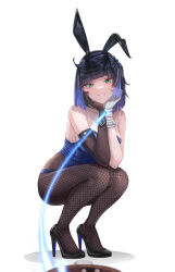 Rule 34 | 1girl, absurdres, alternate costume, animal collar, asymmetrical gloves, bare shoulders, black footwear, black gloves, black hair, blue hair, blue leotard, blue nails, blunt bangs, bob cut, braid, breasts, collar, commentary request, diagonal bangs, elbow gloves, elbows on knees, fingerless gloves, fishnet pantyhose, fishnets, full body, genshin impact, gloves, gradient hair, green eyes, hands on own cheeks, hands on own face, head rest, high heels, highres, holding, holding leash, hry2501, large breasts, leash, leotard, looking at viewer, mismatched gloves, mole, mole on breast, multicolored hair, pantyhose, parted lips, playboy bunny, pov, short hair, single elbow glove, smile, solo, squatting, strapless, strapless leotard, uneven gloves, viewer on leash, white background, white gloves, yelan (genshin impact)