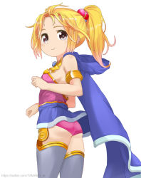 Rule 34 | 1girl, armlet, ass, blonde hair, blue cloak, blue skirt, breasts, cloak, faris scherwiz, female focus, final fantasy, final fantasy v, from behind, grey eyes, grey thighhighs, hood, krile mayer baldesion (ff5), lenna charlotte tycoon, leotard, long hair, looking at viewer, looking back, microskirt, pink leotard, ponytail, showgirl skirt, skirt, small breasts, smile, solo, square enix, strapless, strapless leotard, tamakorogashi, thighhighs, thighs, upper body, watermark, web address