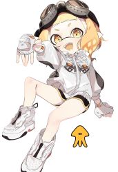 Rule 34 | 1girl, bare legs, blunt bangs, dolphin shorts, fangs, fingerless gloves, full body, gloves, goggles, goggles on head, highres, ika esu, inkling, inkling girl, inkling player character, jacket, medium hair, nintendo, open mouth, orange eyes, orange hair, pointy ears, shoes, short shorts, shorts, simple background, sitting, smile, sneakers, solo, splatoon (series), splatoon 3, teeth, upper teeth only, white background, white footwear, white gloves, white jacket, white theme