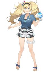 Rule 34 | 1girl, akira (kadokawa), belt, blonde hair, blue eyes, blue shirt, breast pocket, breasts, buttons, cleavage, collarbone, collared shirt, food, full body, gambier bay (kancolle), hair between eyes, hairband, kantai collection, large breasts, official art, pocket, sandals, shaved ice, shirt, short sleeves, shorts, solo, transparent background, twintails
