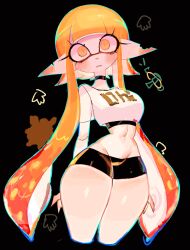 1girl bike_shorts highres inkling inkling_girl inkling_player_character long_hair looking_at_viewer navel nintendo orange_eyes orange_hair pointy_ears shirt shorts simple_background solo splatoon_(series) splatoon_1 t-shirt tentacle_hair upper_body usa37107692