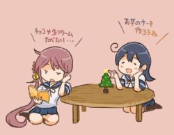 Rule 34 | 2girls, ahoge, akebono (kancolle), bell, black hair, book, christmas tree, comic, commentary request, closed eyes, flower, hair bell, hair flower, hair ornament, hand on own chin, holding, holding book, kantai collection, long hair, multiple girls, open mouth, pleated skirt, purple hair, reading, saiguchi otoufu, school uniform, serafuku, short sleeves, side ponytail, skirt, smile, table, translation request, ushio (kancolle), very long hair