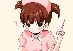 Rule 34 | 10s, 1girl, :/, ?, alternate costume, ankoku no ojisan, blush, breasts, brown eyes, brown hair, girls und panzer, hand up, hat, holding, looking at viewer, medium breasts, mikko (girls und panzer), nurse, nurse cap, pink background, short sleeves, short twintails, solo, syringe, twintails, upper body, wing collar