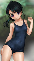 Rule 34 | 1girl, black hair, black one-piece swimsuit, black school swimsuit, blurry, blurry background, collarbone, contrapposto, covered navel, cowboy shot, depth of field, flat chest, head tilt, long hair, looking at viewer, new school swimsuit, one-piece swimsuit, original, outdoors, purple eyes, rohitsuka, school swimsuit, smile, solo, standing, swimsuit, wet, wet clothes, wet swimsuit