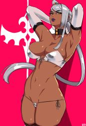 Rule 34 | 1girl, absurdres, alecto 0, arms behind head, black collar, breasts, cameltoe, cleft of venus, code geass, collar, cropped legs, dark-skinned female, dark skin, elbow gloves, gloves, highres, large breasts, lingerie, long hair, magenta background, pink background, ponytail, silver bra, silver hair, silver panties, solo, symbol, underwear, villetta nu, white gloves, yellow eyes