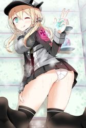 Rule 34 | 10s, 1girl, anchor hair ornament, ass, bathroom, blonde hair, hair ornament, hat, kantai collection, microskirt, military, military uniform, oouso, panties, peaked cap, prinz eugen (kancolle), skirt, solo, steam, thighhighs, underwear, uniform, white panties