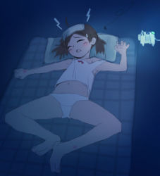 Rule 34 | 1girl, ahoge, bed, blush, bug, bug bite, closed eyes, futon, headache, bug, kawata hisashi, lowres, lying, mosquito, on back, outstretched arms, panties, short twintails, sick, sleeping, solo, spread arms, spread legs, strap slip, summer, sweatdrop, tank top, towel, towel on head, twintails, underwear, white panties