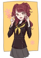 Rule 34 | 1girl, :d, blush stickers, brown hair, earrings, glasses, grey eyes, highres, jewelry, kujikawa rise, long hair, looking at viewer, michihasu, open mouth, persona, persona 4, school uniform, serafuku, smile, solo, two side up
