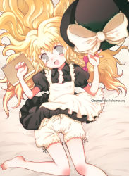 Rule 34 | 1girl, bad id, bad pixiv id, barefoot, bed, blonde hair, bloomers, feet, female focus, hat, highres, kirisame marisa, lying, okome (ricecandy), ricecandy, solo, touhou, underwear, white bloomers, witch, witch hat