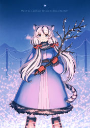Rule 34 | 1girl, animal ears, black hair, branch, closed mouth, commentary request, dress, english text, fur-trimmed dress, fur-trimmed sleeves, fur trim, grey eyes, hair between eyes, hair ribbon, highres, holding, long hair, long sleeves, looking at viewer, multicolored hair, onimaru gonpei, original, pantyhose, puffy long sleeves, puffy sleeves, purple dress, red ribbon, ribbon, smile, solo, standing, star (symbol), streaked hair, tail, tiger ears, tiger girl, tiger tail, very long hair, white hair, white pantyhose