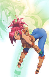 Rule 34 | 1girl, arm warmers, armor, ass, back, bare shoulders, bent over, breasts, cleavage, dated, detached sleeves, eyebrows, eyelashes, feet, flat chest, from side, full body, gauntlets, green background, green eyes, hair between eyes, hair bun, hand on own hip, hand on own knee, kneehighs, leg warmers, legaia densetsu, leggings, light smile, lips, lipstick, looking at viewer, makeup, monochrome background, no bra, noa (legaia densetsu), poncho, ponytail, red hair, robaato, sandals, short hair, short ponytail, signature, small breasts, smile, socks, solo, strapless, terra (legaia densetsu), toenails, toes, tube top, unitard, zoom layer