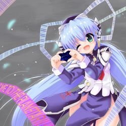 Rule 34 | 1girl, blue dress, blue hair, commentary request, cowboy shot, croquis, dress, green eyes, hair ribbon, heart, heart hands, highres, hoshino yumemi, leaning forward, long hair, looking at viewer, one eye closed, open mouth, planetarian, ribbon, smile, solo, twintails, very long hair