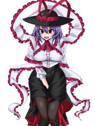 Rule 34 | 1girl, :d, absurdres, black hat, black pantyhose, black skirt, bow, breasts, commentary request, fang, feet out of frame, frilled shawl, frilled shirt collar, frills, hair between eyes, hat, hat bow, highres, large breasts, long sleeves, looking at viewer, miniskirt, nagae iku, open mouth, pantyhose, purple hair, red bow, red eyes, red neckwear, rihito (usazukin), shawl, shirt, short hair, simple background, skirt, smile, solo, standing, touhou, white background, white shirt