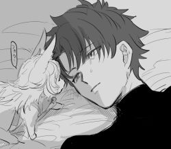 Rule 34 | 1boy, bed sheet, closed mouth, fate/grand order, fate (series), fou (fate), fujimaru ritsuka (male), greyscale, looking at another, lying, male focus, metarogu, monochrome, portrait, short hair, sketch, solo, speech bubble, tears