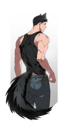 Rule 34 | 1boy, animal ears, black eyes, black hair, black tank top, blue pants, closed mouth, highres, looking at viewer, male focus, mito youhei, muscular, muscular male, pants, profile, short hair, slam dunk (series), solo, tail, tank top, tektek070, white background, wolf boy, wolf ears, wolf tail