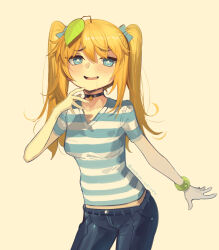 Rule 34 | 1girl, blonde hair, boa (brianoa), breasts, character request, choker, commentary, contrapposto, denim, english commentary, furrowed brow, grey background, hair between eyes, hair ornament, hand up, highres, jeans, leaf hair ornament, leaning forward, long hair, looking at viewer, pants, parted lips, shirt, short sleeves, simple background, small breasts, smile, solo, striped clothes, striped shirt, twintails, white background