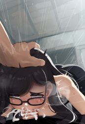 Rule 34 | 1boy, 1girl, absurdres, bar censor, black gloves, black hair, black tank top, blush, breasts, censored, cleavage, commentary, cum, cum in nose, cum inflation, deepthroat, ejaculation, english commentary, erection, fellatio, glasses, gloves, hand on another&#039;s head, hetero, highres, inflation, irrumatio, large breasts, large penis, long hair, minakata hizuru, mixed-language commentary, mizumizuni, mole, mole under eye, mole under mouth, motion lines, open mouth, oral, penis, purple eyes, rolling eyes, saliva, steaming body, summertime render, sweat, swept bangs, tank top, tears, variant set, veins, veiny penis