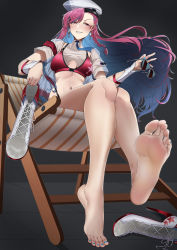 Rule 34 | 1girl, absurdres, barefoot, chair, feet, hat, highres, holding, holding shoes, long hair, looking at viewer, lounge chair, multicolored hair, parted lips, punishing: gray raven, red eyes, red hair, shoes, unworn shoes, sitting, smile, soles, sunglasses, toeless footwear, toes, tsa, two-tone hair, vera (punishing: gray raven)