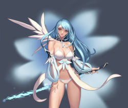 Rule 34 | 1girl, bare shoulders, blue background, blue eyes, blue hair, blurry, bra, breasts, byungkyo park, commentary, copyright request, cowboy shot, crystal sword, detached collar, detached sleeves, english commentary, gem, gluteal fold, grey background, long hair, looking at viewer, navel, panties, puff and slash sleeves, puffy sleeves, purple lips, revealing clothes, reverse grip, single wing, solo, sword, underwear, very long hair, weapon, white bra, white panties, white wings, wings