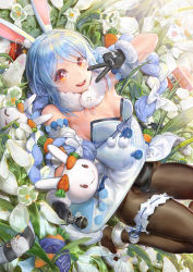 Rule 34 | 1girl, :d, animal ears, ankle garter, b.c.n.y., bare shoulders, black gloves, black leotard, black pantyhose, blue hair, braid, breasts, bridal garter, carrot hair ornament, coat, coat dress, cutout above navel, detached sleeves, dress, explosive, field, flower, flower field, food-themed hair ornament, fur-trimmed coat, fur-trimmed gloves, fur scarf, fur trim, gloves, hair ornament, highres, hololive, leotard, leotard under clothes, long hair, looking at viewer, lying, mary janes, multicolored hair, on back, open mouth, orange eyes, pantyhose, pekomon (usada pekora), playboy bunny, puffy short sleeves, puffy sleeves, rabbit ears, rabbit girl, scarf, shoes, short eyebrows, short sleeves, sideboob, small breasts, smile, solo, strapless, strapless coat, strapless dress, strapless leotard, swept bangs, thick eyebrows, tnt, tnt block (minecraft), twin braids, twintails, two-tone hair, usada pekora, usada pekora (1st costume), v over mouth, virtual youtuber, white coat, white footwear, white hair, white scarf, white sleeves