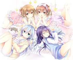 Rule 34 | 4girls, :d, :o, akatsuki (kancolle), arm up, ass, bare arms, bare shoulders, blue eyes, blue hair, blue jacket, blush, bow, brown eyes, brown hair, camisole, closed eyes, closed mouth, commentary request, dress, folded ponytail, frilled pillow, frills, hair between eyes, hair bow, head rest, hibiki (kancolle), hood, hood down, hooded jacket, ikazuchi (kancolle), inazuma (kancolle), jacket, kantai collection, long hair, long sleeves, looking at viewer, lying, multiple girls, on back, on side, on stomach, open mouth, parted lips, pillow, pink dress, pom pom (clothes), purple hair, shirogane hina, short shorts, shorts, sleeveless, sleeveless dress, sleeves past wrists, smile, stuffed animal, stuffed rabbit, stuffed toy, teddy bear, very long hair, white bow, white camisole, white shorts, yellow jacket