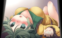 Rule 34 | 1girl, aki (akikaze asparagus), blush, breasts, cleavage, empty eyes, female focus, green eyes, green hair, komeiji koishi, large breasts, long sleeves, looking at viewer, lying, matching hair/eyes, on back, open mouth, short hair, solo, touhou