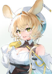 Rule 34 | 1girl, :d, animal ears, arknights, bare shoulders, blonde hair, breasts, cleavage, cleavage cutout, clothing cutout, dorothy (arknights), gloves, green eyes, hair intakes, hat, highres, hourglass, large breasts, long hair, long sleeves, looking at viewer, mouse ears, nitoron, open mouth, simple background, smile, solo, teeth, underbust, upper body, upper teeth only, white background, white hat, yellow gloves