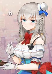 Rule 34 | !, 1girl, absurdres, alternate costume, alternate hairstyle, back bow, blue eyes, blue ribbon, blue skirt, blurry, blurry background, blush, bow, breasts, cleavage, closed mouth, collar, commentary, cross, detached collar, emilio (tetsukazu no ao), fork, frilled sleeves, frills, frown, girls und panzer, glaring, gloves, hair ornament, hair ribbon, hamburger steak, hat, high-waist skirt, highres, holding, holding fork, holding plate, iron cross, itsumi erika, long hair, looking at viewer, medium breasts, medium hair, mini hat, mini top hat, off-shoulder shirt, off shoulder, plate, red bow, red neckwear, ribbon, shirt, silver hair, skirt, solo, spoken exclamation mark, star (symbol), star hair ornament, tilted headwear, top hat, upper body, white collar, white gloves, white hat, white shirt