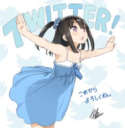 Rule 34 | 1girl, bare arms, bare shoulders, black hair, blue dress, commentary request, dress, hair ornament, hair scrunchie, highres, kantoku, leaning forward, long hair, open mouth, original, outstretched arms, pink eyes, scrunchie, see-through silhouette, shizuku (kantoku), signature, solo, spaghetti strap, spread arms, translation request, twitter, twitter logo, two side up