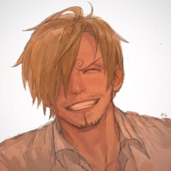 Rule 34 | 1boy, ^ ^, blonde hair, closed eyes, collared shirt, curly eyebrows, facial hair, goatee, grin, hair over one eye, happy, highres, male focus, no.6 (numberr 6), one piece, portrait, sanji (one piece), shirt, short hair, sketch, smile, solo