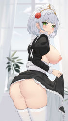 Rule 34 | 1girl, :o, absurdres, alternate breast size, ass, black dress, blurry, blurry background, blush, braid, breasts, breasts out, clothes lift, commentary request, cowboy shot, crown braid, curtains, dress, dress lift, flower, frilled dress, frills, genshin impact, green eyes, grey hair, hair flower, hair ornament, highres, indoors, juliet sleeves, large breasts, long sleeves, looking at viewer, looking back, maid, nipples, no bra, no panties, noelle (genshin impact), paid reward available, plant, potted plant, puffy sleeves, red flower, red rose, rose, sash, short hair, sidelocks, skirt hold, solo, thighhighs, uka (315302627), white hair, white sash, white thighhighs, window