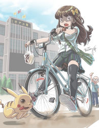 Rule 34 | 1boy, 1girl, bag, bald, between breasts, bicycle, bosstseng, bow, breasts, brown eyes, brown hair, building, chinese text, constricted pupils, creatures (company), game freak, gen 1 pokemon, glasses, hair bow, large breasts, miniskirt, necktie, nintendo, opaque glasses, open mouth, original, pikachu, plastic bag, pleated skirt, pokemon, pokemon (creature), republic of china flag, riding, riding bicycle, school bag, school uniform, shoes, signature, skirt, sneakers, strap between breasts, sweatdrop, thighhighs, translation request, zettai ryouiki