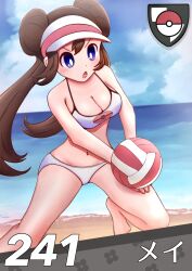 Rule 34 | 1girl, absurdres, angry, ball, bare arms, bare shoulders, barefoot, beach, beachball, bikini, blue eyes, blue sky, blush, breasts, brown hair, cleavage, cloud, collarbone, creatures (company), day, double bun, full body, game freak, hair bun, hakusai (user nkkd7242), highres, holding, holding ball, large breasts, long hair, midriff, navel, nintendo, ocean, open mouth, outdoors, poke ball, poke ball (basic), pokemon, pokemon bw2, rosa (pokemon), sand, sky, swimsuit, tongue, twintails, very long hair, visor cap, water, white bikini