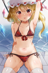 Rule 34 | 1girl, :d, absurdres, arm support, arm up, armpits, bikini, blonde hair, blurry, blush, breasts, bright pupils, caustics, commentary request, crystal, depth of field, flandre scarlet, front-tie top, hair between eyes, hat, highres, kamukamu 23, looking at viewer, medium hair, mob cap, one side up, open mouth, pool, red bikini, red eyes, side-tie bikini bottom, small breasts, smile, solo, swimsuit, thighhighs, thighs, tile floor, tiles, touhou, water, white hat, white pupils, white thighhighs, wings
