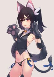Rule 34 | 1girl, animal ears, animal hands, bell, black hair, black panties, breasts, brown eyes, cat ears, cat tail, contrapposto, dangeroes beast (miyu), fang, fate/kaleid liner prisma illya, fate (series), from side, garter straps, gloves, grey thighhighs, hair between eyes, hair ornament, hairclip, highres, jingle bell, looking at viewer, miyu edelfelt, navel, open mouth, panties, paw gloves, ribbon, santa (sunflower), sideboob, simple background, small breasts, solo, standing, string panties, tail, tail ornament, tail ribbon, thighhighs, twintails, underwear
