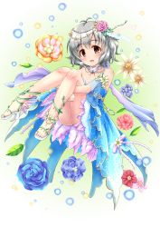 Rule 34 | 1girl, :d, antenna hair, bare shoulders, blue dress, blue flower, blue rose, blue sleeves, blush, brown eyes, collarbone, detached sleeves, dress, flower, full body, gradient background, green background, grey hair, hair between eyes, hair flower, hair ornament, high heels, highres, hugging own legs, idolmaster, idolmaster cinderella girls, idolmaster cinderella girls starlight stage, jewelry, knees up, narumiya yume, necklace, open mouth, pink flower, pink rose, red flower, regular mow, rose, sandals, short sleeves, smile, solo, strapless, strapless dress, white background, white flower, white footwear